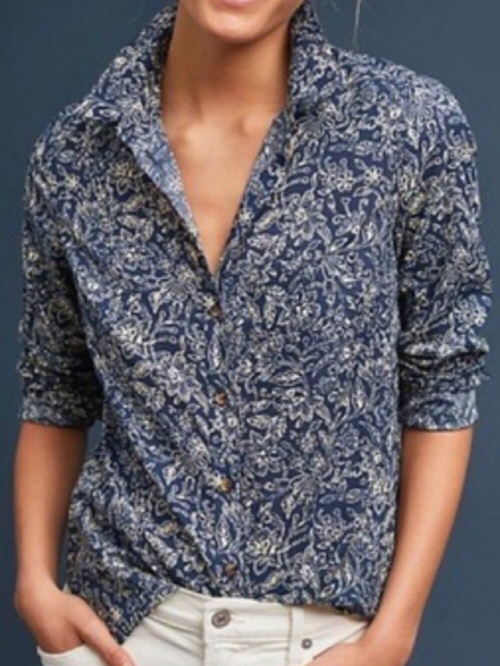 Maeve by Anthropologie Navy Floral Button-Down Blouse Size 2